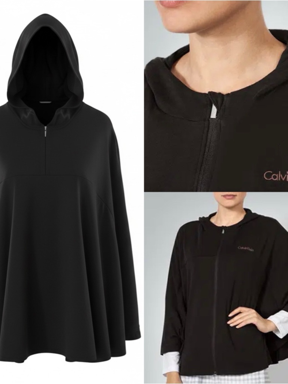 Calvin Klein Black Hooded Cape Poncho Zip-Up Women’s‎ Size M Pre-Loved Sleepwear